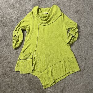 Ali Miles Top Women Medium Yellow Green Lagenlook Crinkle Puckered Boho Tunic
